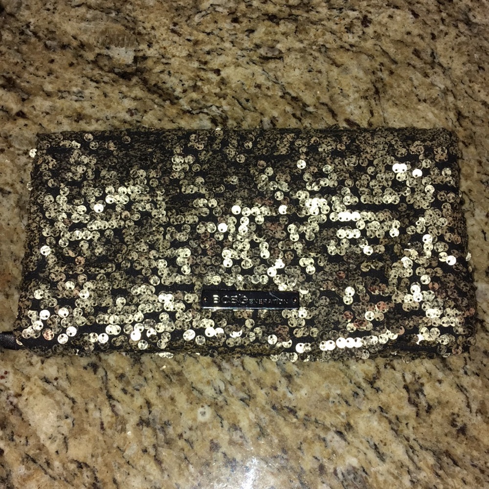 BCBGeneration matte gold and black sequin clutch
